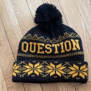 Black and Yellow Loaded Question Brewery Knit Beanie with Pom Pom
